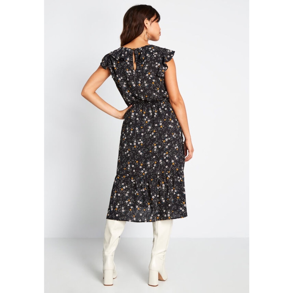 JACK by BB Dakota On the Horizon Floral Midi Dress Black Ruffle Keyhole - Picture 3 of 4